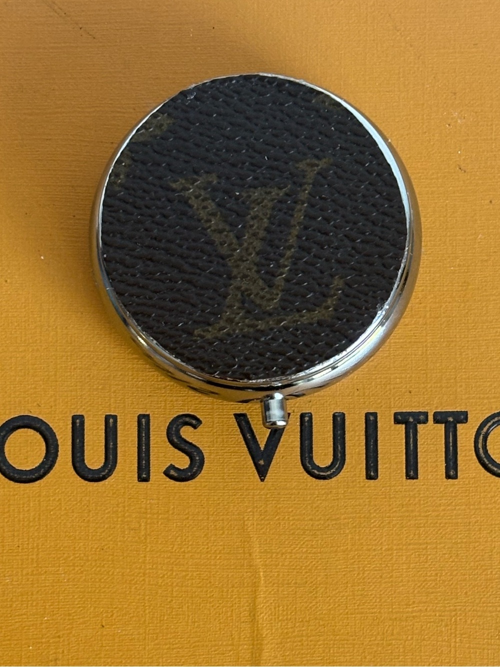 Louis Vuitton pill box, pill container, jewelry storage, 2 in diameter